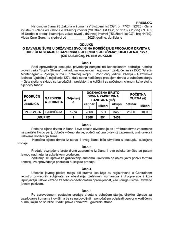 Predlog odluke o davanju šume u državnoj svojini na korišćenje prodajom drveta u dubećem stanju u gazdinskoj jedinici „Ljubišnja“ odjeljenje 127a (čista sječa), putem aukcije