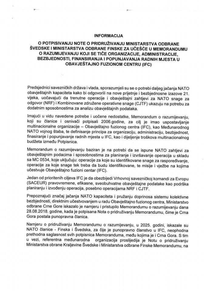 Informacija o potpisivanju Note o pridruživanju Ministarstva odbrane Švedske i Ministarstva odbrane Finske