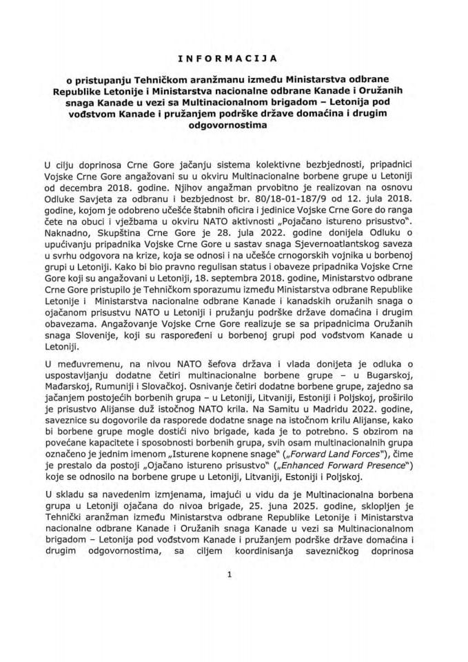 Informacija o pristupanju Tehničkom aranžmanu između Ministarstva odbrane Republike Letonije i Ministarstva nacionalne odbrane Kanade i Oružanih snaga Kanade