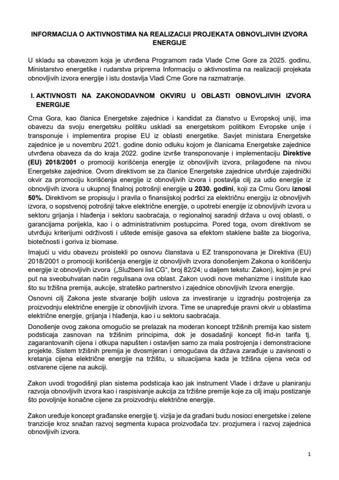 Informacija o aktivnostima na realizaciji projekata obnovljivih izvora energije