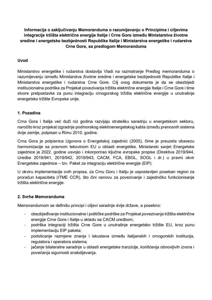 Informacija o zaključivanju Memoranduma o razumijevanju o Principima i ciljevima integracije tržišta električne energije Italije i Crne Gore