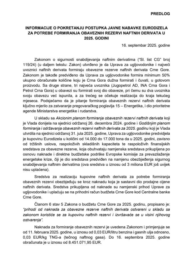Informacija o pokretanju postupka javne nabavke Eurodizela za potrebe formiranja obaveznih rezervi naftnih derivata u 2025. godini