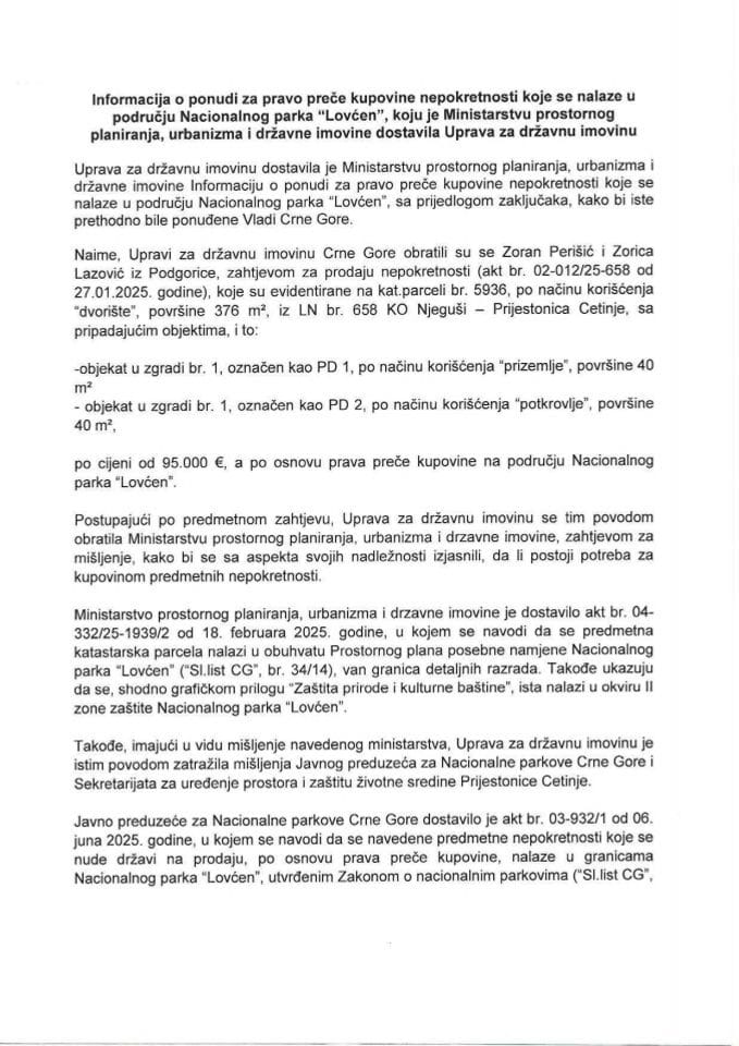 Informacija o ponudi za pravo preče kupovine nepokretnosti koje se nalaze u području Nacionalnog parka „Lovćen“(podnosioci zahtjeva Zoran Perišić i Zorica Lazović)