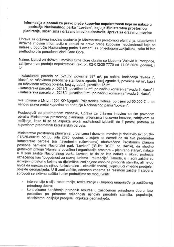 Informacija o ponudi za pravo preče kupovine nepokretnosti koje se nalaze u području Nacionalnog parka „Lovćen“ (podnosilac zahtjeva Ljubomir Vulović)