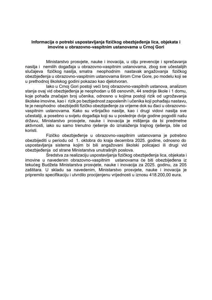 Informacija o potrebi uspostavljanja fizičkog obezbjeđenja lica, objekata i imovine u obrazovno-vaspitnim ustanovama u Crnoj Gori