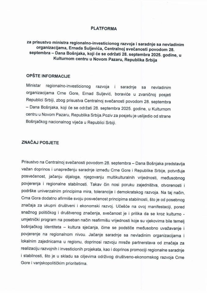 Predlog platforme za prisustvo ministra regionalno-investicionog razvoja i saradnje sa nevladinim organizacijama Ernada Suljevića Centralnoj svečanosti povodom 28. septembra - Dana Bošnjaka, koja će se održati 28. septembra 2025. godine