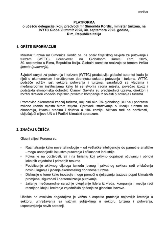 Predlog platforme o učešću delegacije, koju predvodi mr Simonida Kordić, ministarka turizma, na WTTC Global Summit 2025, 30. septembra 2025. godine, Rim, Republika Italija