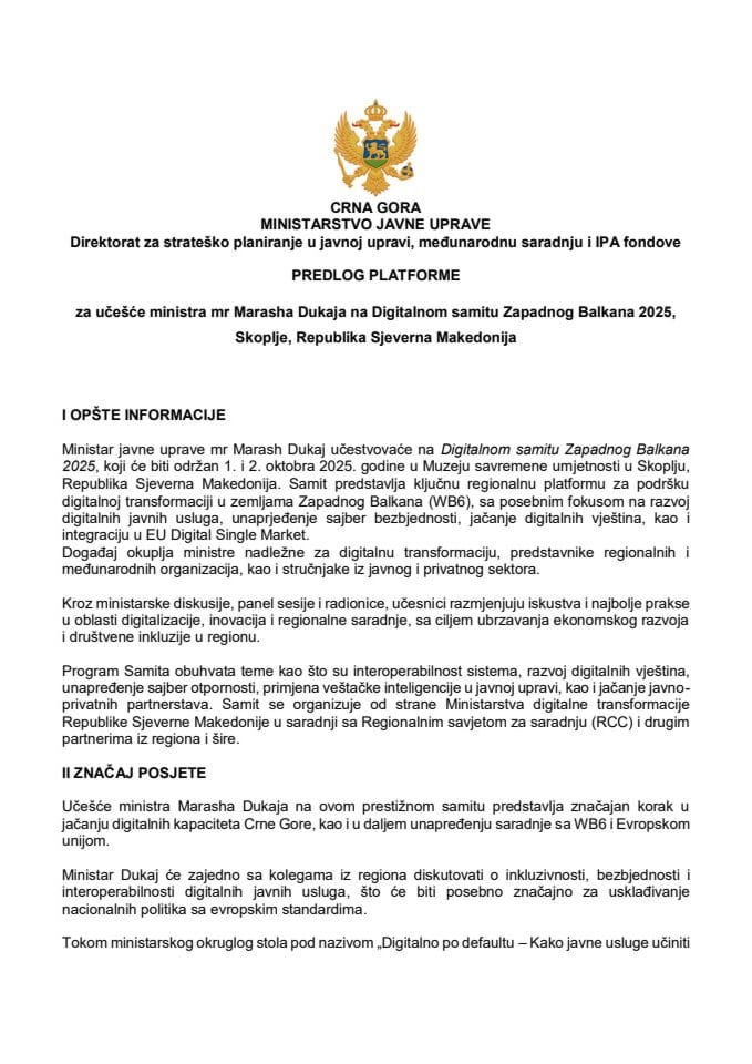 Predlog platforme za učešće ministra mr Marasha Dukaja na Digitalnom samitu Zapadnog Balkana 2025, Skoplje, Republika Sjeverna Makedonija