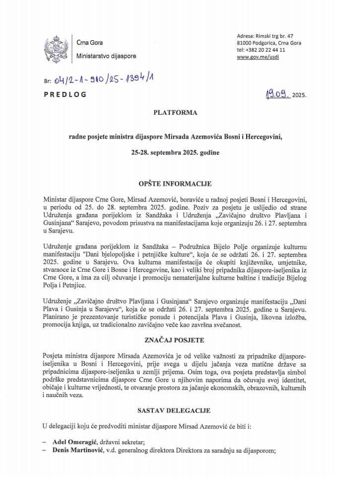 Predlog platforme radne posjete ministra dijaspore Mirsada Azemovića Bosni i Hercegovini, 25-28. septembra 2025. godine