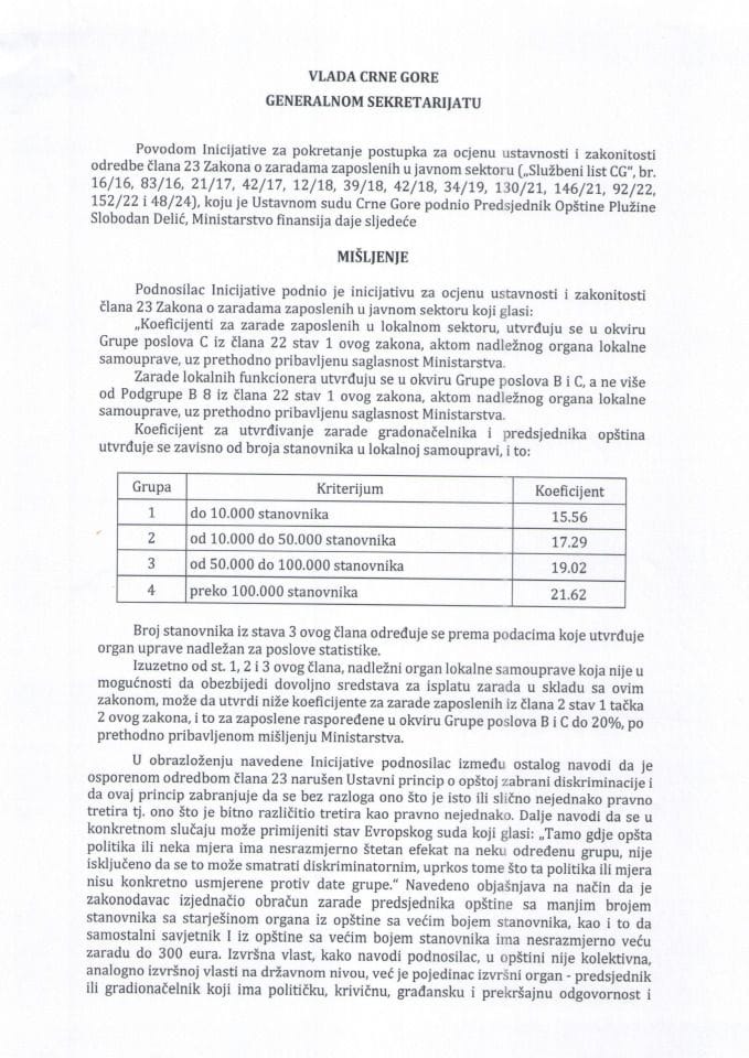 Predlog mišljenja na Inicijativu za pokretanje postupka za ocjenu ustavnosti i zakonitosti odredbe člana 23 Zakona o zaradama zaposlenih u javnom sektoru