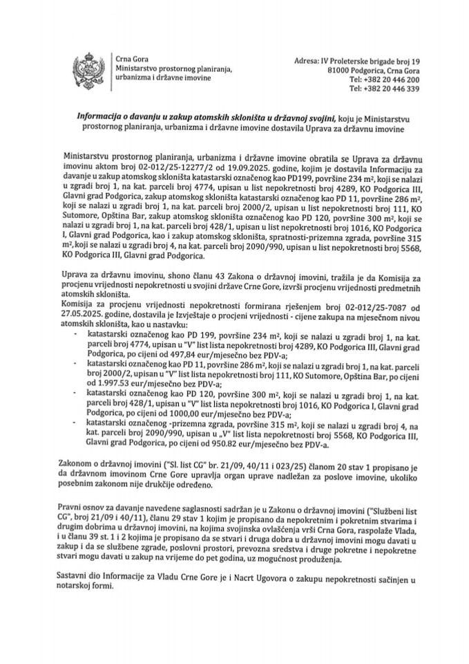 Informacija o davanju u zakup atomskih skloništa u državnoj svojini s Predlogom ugovora