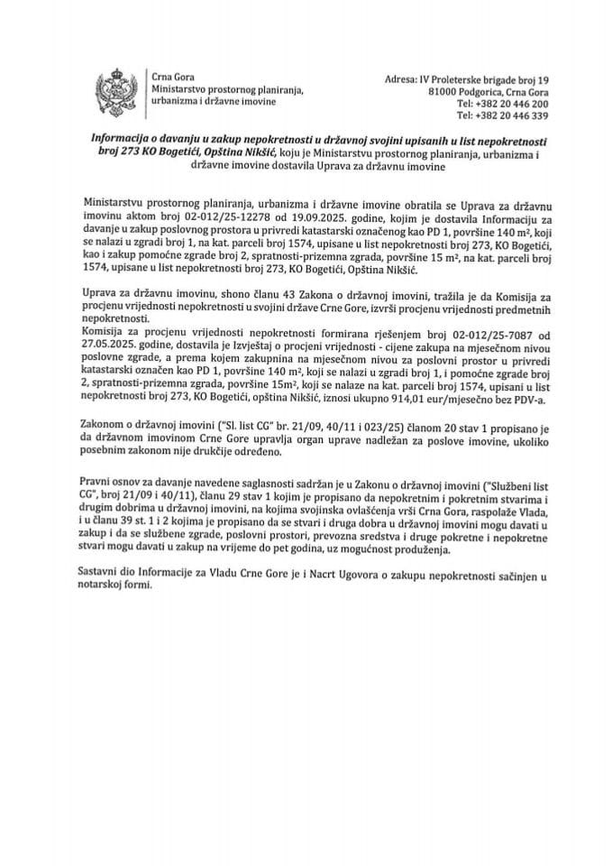 Informacija o davanju u zakup nepokretnosti u državnoj svojini upisanih u list nepokretnosti broj 273 KO Bogetići, Opština Nikšić s Predlogom ugovora