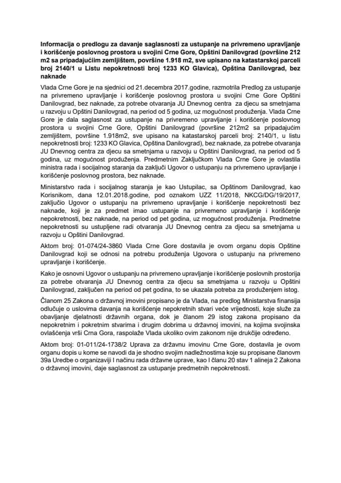 Informacija o predlogu za davanje saglasnosti za ustupanje na privremeno upravljanje i korišćenje poslovnog prostora u svojini Crne Gore, Opštini Danilovgrad