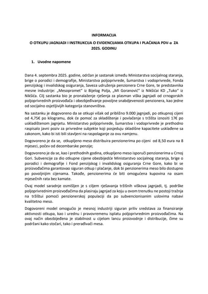 Informacija o otkupu jagnjadi i instrukcija o evidencijama otkupa i plaćanja PDV-a za 2025. godinu