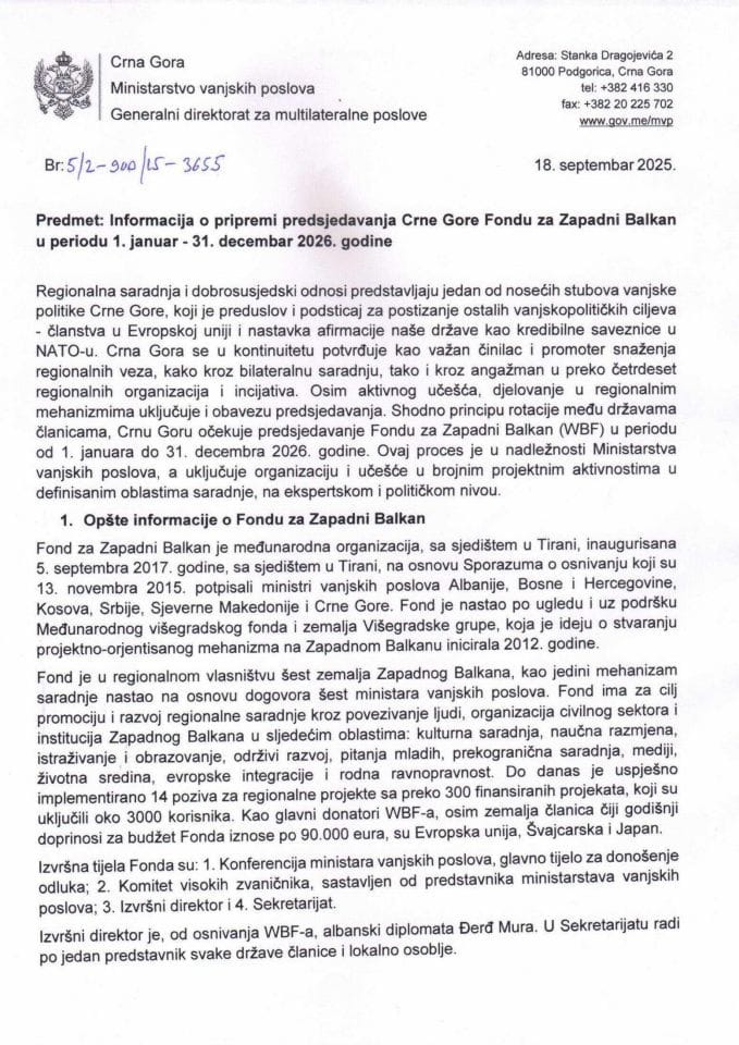 Informacija o pripremi predsjedavanja Crne Gore Fondu za Zapadni Balkan u periodu 1. januar - 31. decembar 2026. godine