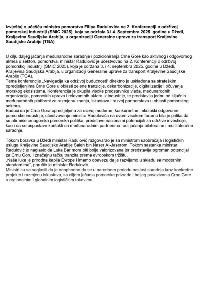 Izvještaj o učešću ministra pomorstva Filipa Radulovića na 2. Konferenciji o održivoj pomorskoj industriji (SMIC 2025)