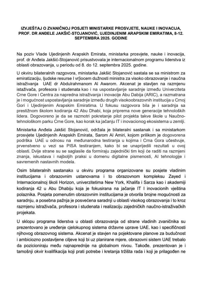 Izvještaj o zvaničnoj posjeti ministarke prosvjete, nauke i inovacija, prof. dr Anđele Jakšić-Stojanović, Ujedinjenim Arapskim Emiratima, 8-12. septembra 2025. godine