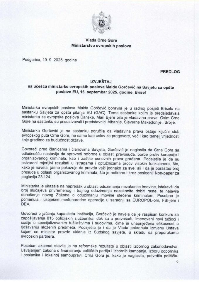 Izvještaj sa učešća ministarke evropskih poslova Maide Gorčević na Savjetu za opšte poslove EU, 16. septembar 2025. godine, Brisel