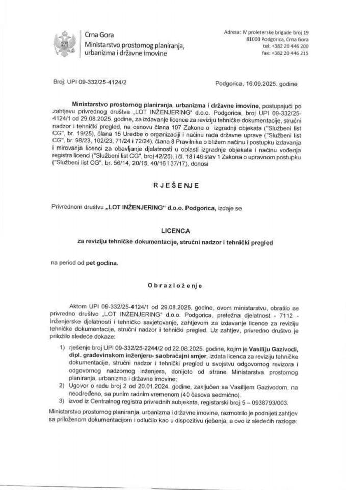 Licence revidenta i stručnog nadzora - UPI 09-332-25-4124-2 LOT INŽENJERING D.O.O.