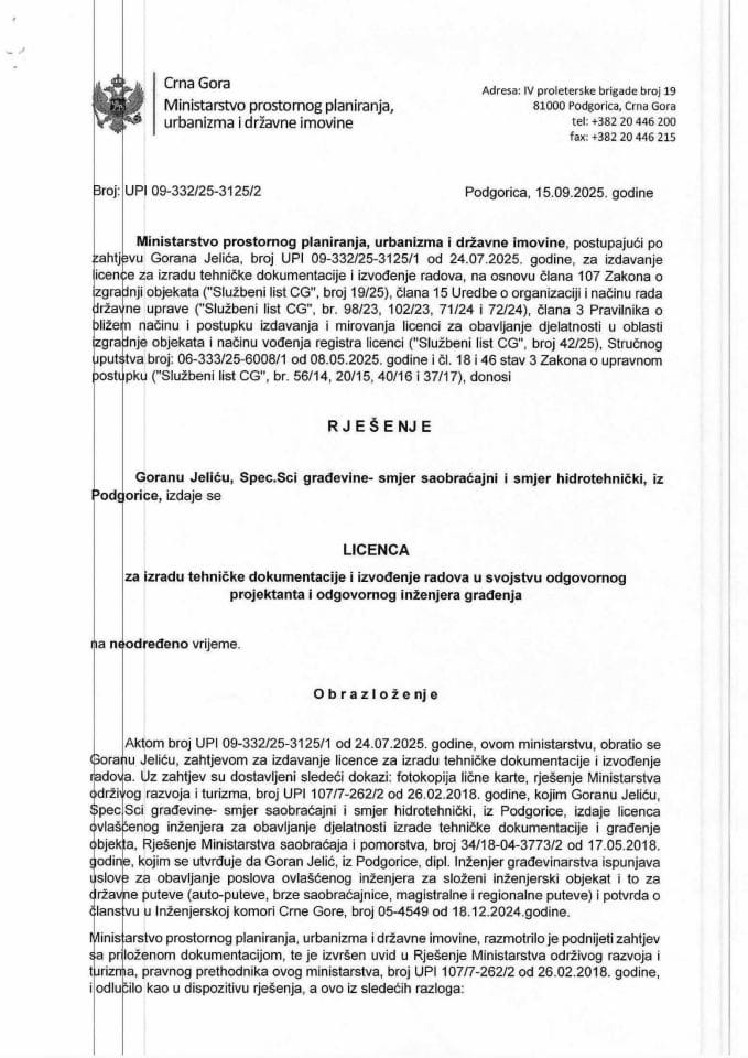 Licenca ovlašćenog inženjera za građevinsku djelatnost - UPI 09_332_25_3125_2 Goran Jelić