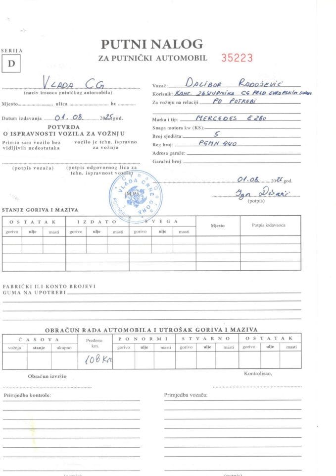 Putni nalozi za korišćenje službenih vozila u periodu od 01.08. do 31.08.2025. godine