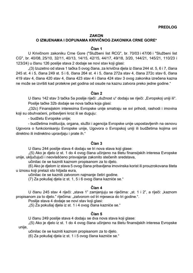 Predlog zakona o izmjenama i dopunama Krivičnog zakonika Crne Gore