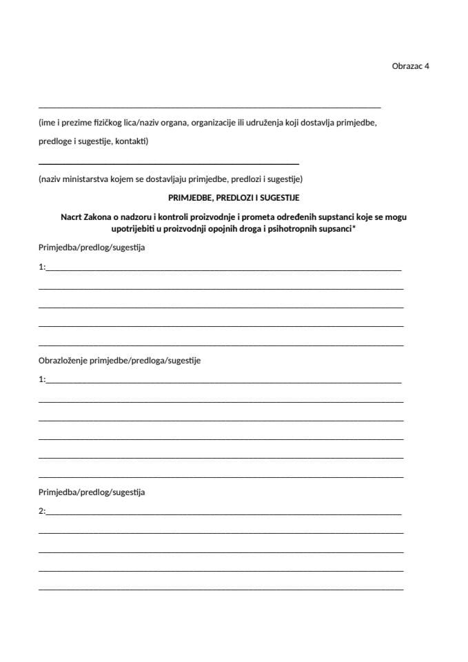 Obrazac 4 - Obrazac za dostavljanje primjedbi, predloga i sugestija