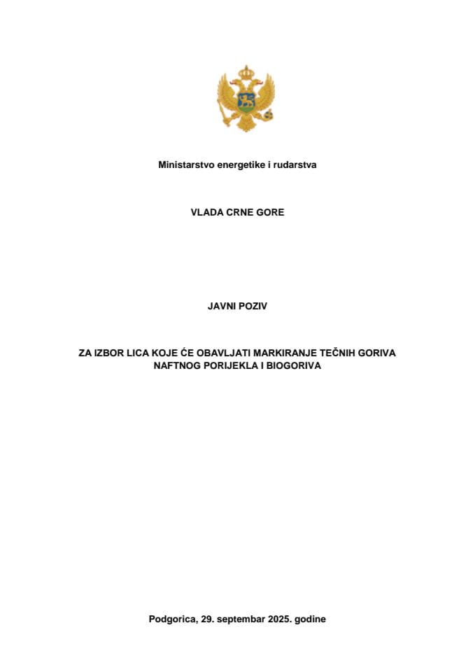 Javni poziv za izbor lica koje će obavljati markiranje tečnih goriva naftnog porijekla i biogoriva