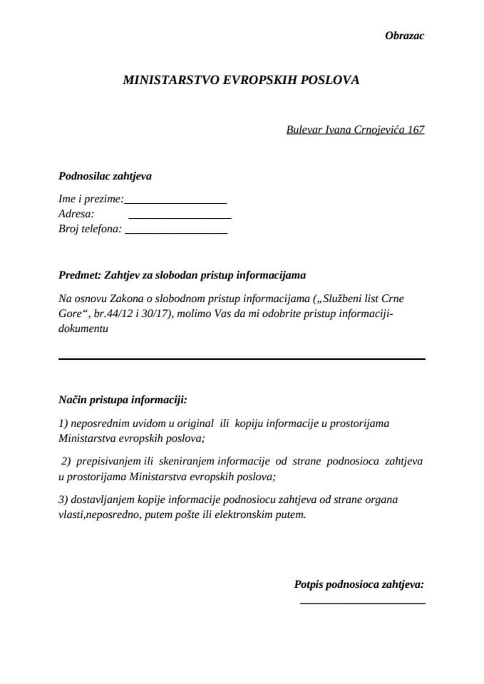 Obrazac za slobodan pristup informacijama