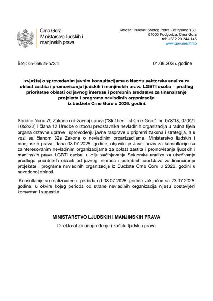 Izvještaj o sprovedenim javnim konsultacijama o Nacrtu sektorske analize za oblast zastita i promovisanje ljudskih i manjinskih prava LGBTI osoba