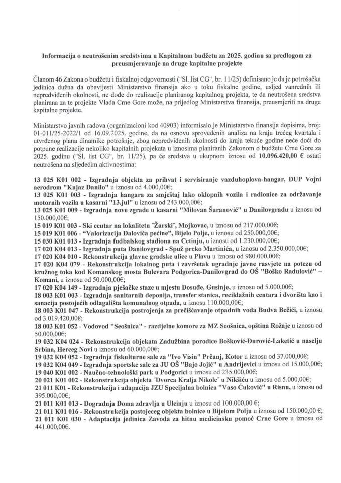 Informacija o neutrošenim sredstvima u Kapitalnom budžetu za 2025. godinu sa predlogom za preusmjeravanje na druge kapitalne projekte