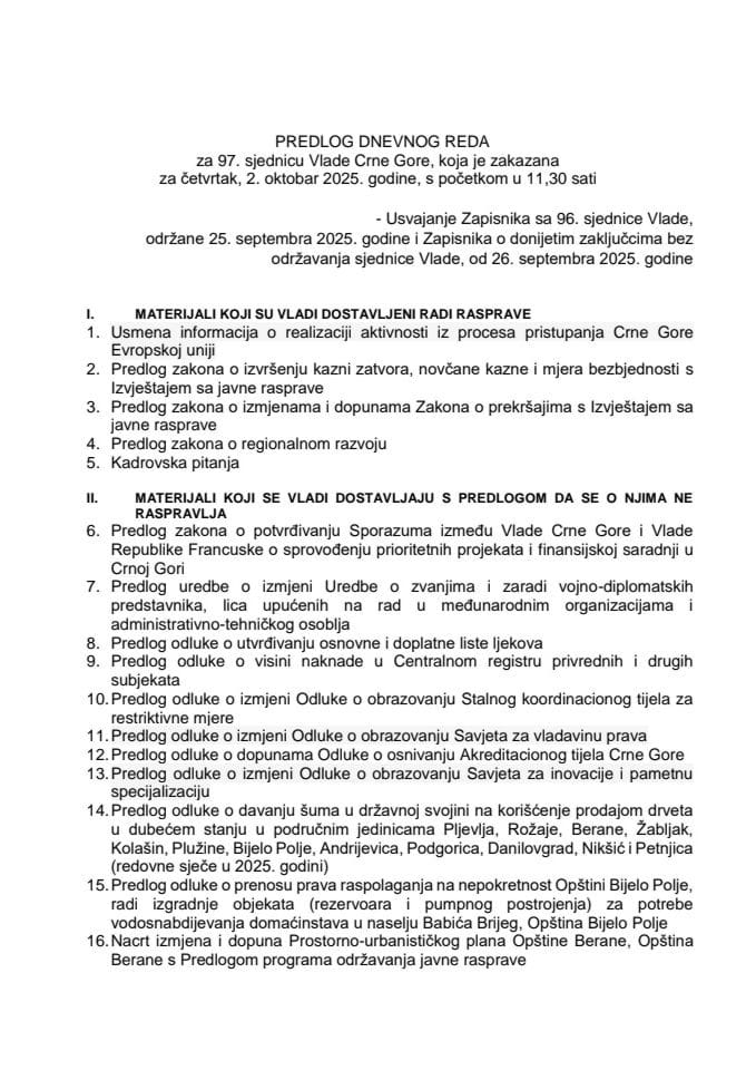 Предлог дневног реда за 97. сједницу Владе Црне Горе