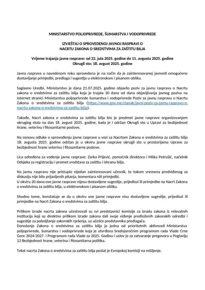 Izvjestaj sa javne rasprave Zakon o sredstvima za zaštitu bilja