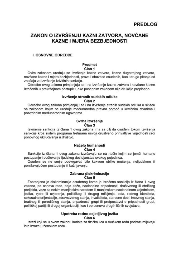 Предлог закона о извршењу казни затвора, новчане казне и мјера безбједности с Извјештајем са јавне расправе