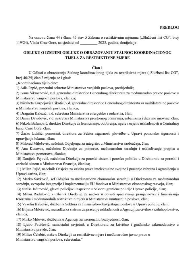Предлог одлуке о измјени Одлуке о образовању Сталног координационог тијела за рестриктивне мјере