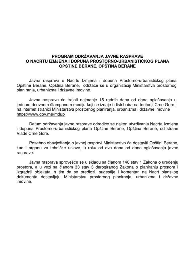 Нацрт измјена и допуна Просторно-урбанистичког плана Општине Беране, Општина Беране с Предлогом програма одржавања јавне расправе