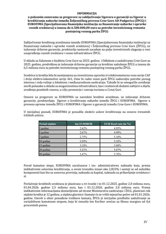 Информација о полазним основама за преговоре за закључивање Уговора о гаранцији за Уговор о кредитирању набавке између Жељезничког превоза ЦГ
