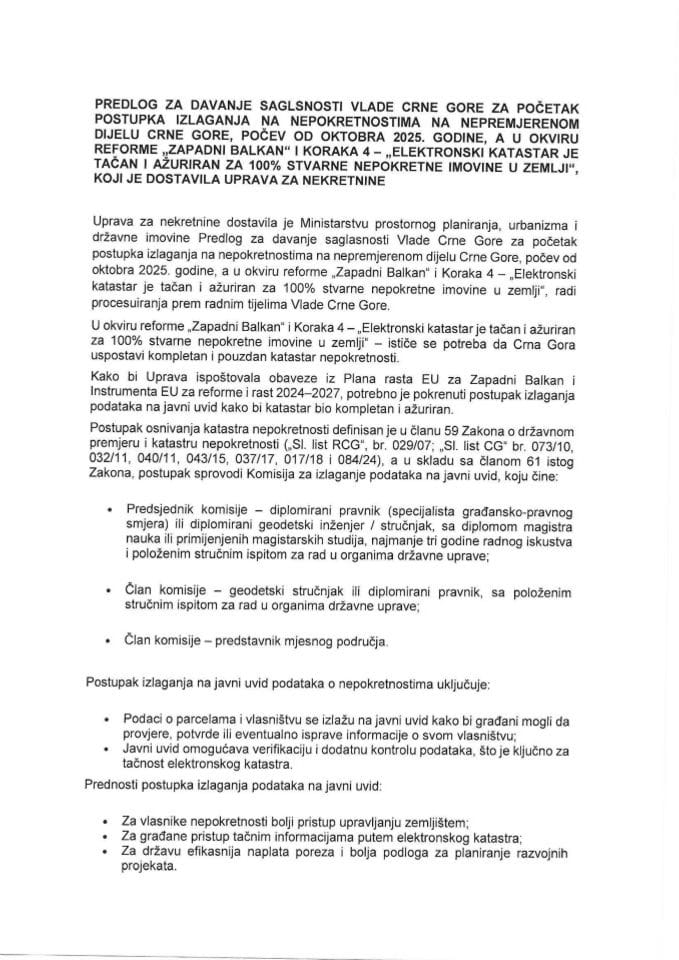 Предлог за давање сагласности Владе Црне Горе за почетак поступка излагања на непокретностима на непремјереном дијелу Црне Горе
