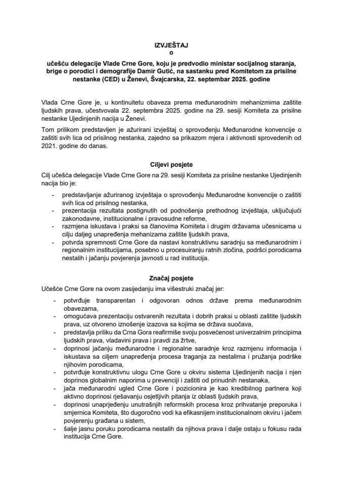 Извјештај о учешћу делегације Владе Црне Горе, коју је предводио министар социјалног старања, бриге о породици и демографије Дамир Гутић, на састанку пред Комитетом за присилне нестанке (CED) у Женеви, Швајцарска, 22. септембар 2025. године