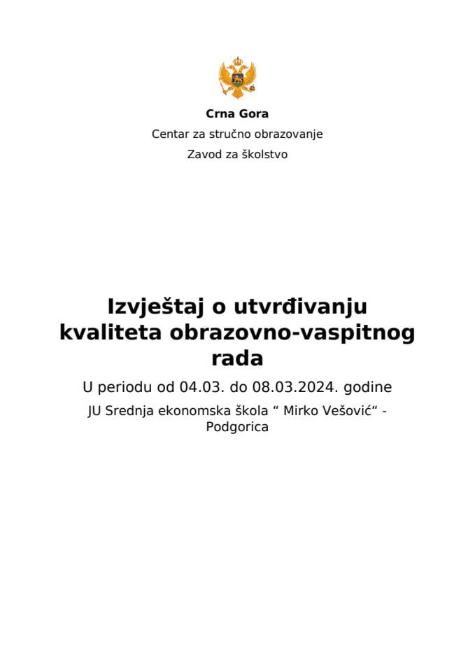 Извјестај ЈУ Ссредња економска скола М. Весовиц ПГ 2024
