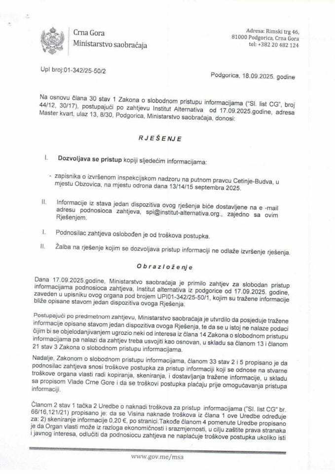 Rješenje o odobrenju pristupa informaciji - Zapisnik o sprovedenom inspekcijskom nadzoru na putnom pravcu Cetinje - Budva