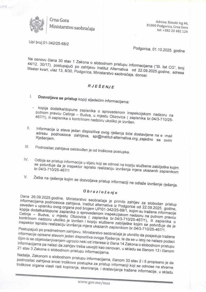 Rješenje o odobrenju pristupa informaciji - Dopuna zapisnika o sprovedenom inspekcijskom nadzoru na putnom pravcu Cetinje - Budva