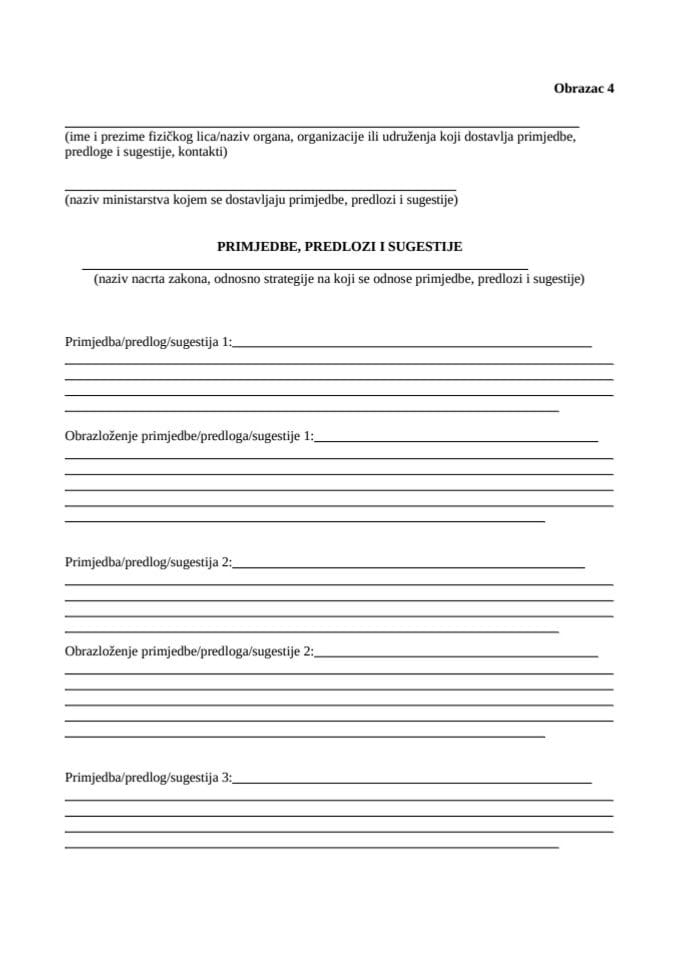 Obrazac za primjedbe i sugestije 4 word