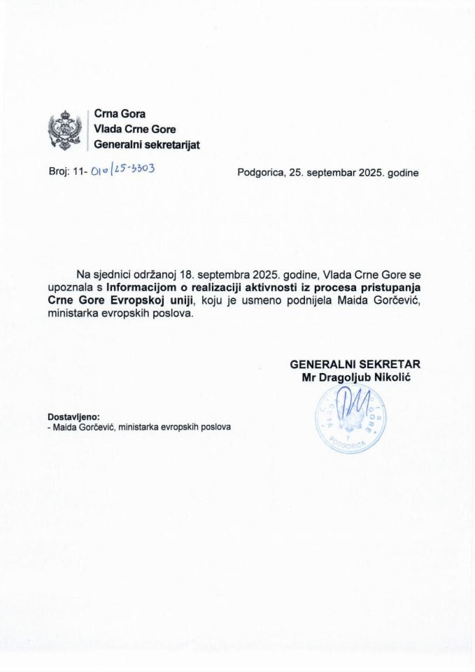 Усмена информација о реализацији активности из процеса приступања Црне Горе Европској унији - Закључци