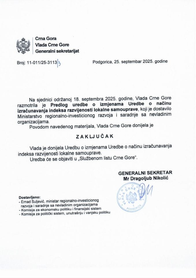 Предлог уредбе о измјенама Уредбе о начину израчунавања индекса развијености јединице локалне самоуправе - Закључци