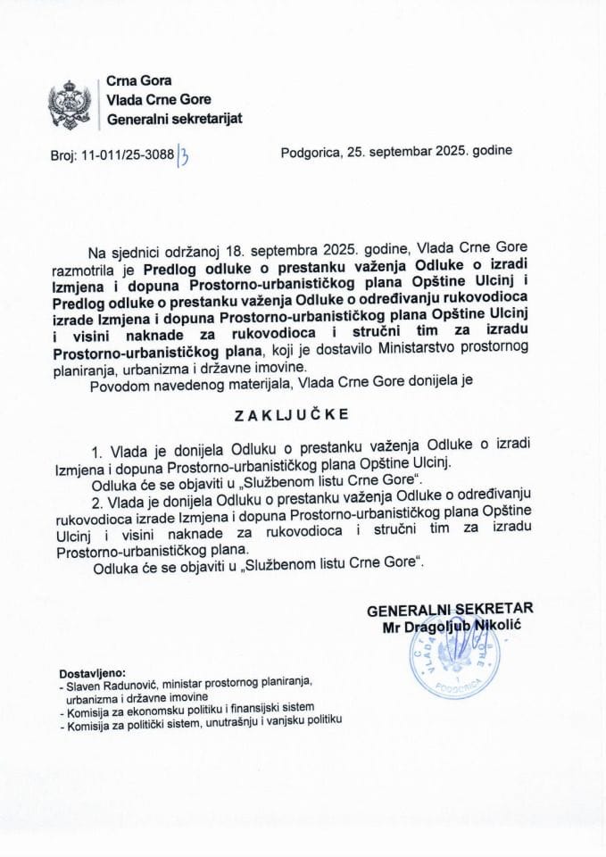 Предлог одлуке о престанку важења Одлуке о изради Измјена и допуна Просторно-урбанистичког плана Општине Улцињ - Закључци