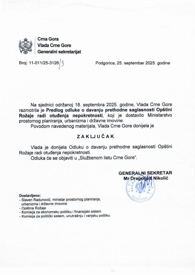 Предлог одлуке о давању претходне сагласности Општини Рожаје ради отуђења непокретности -Закључци