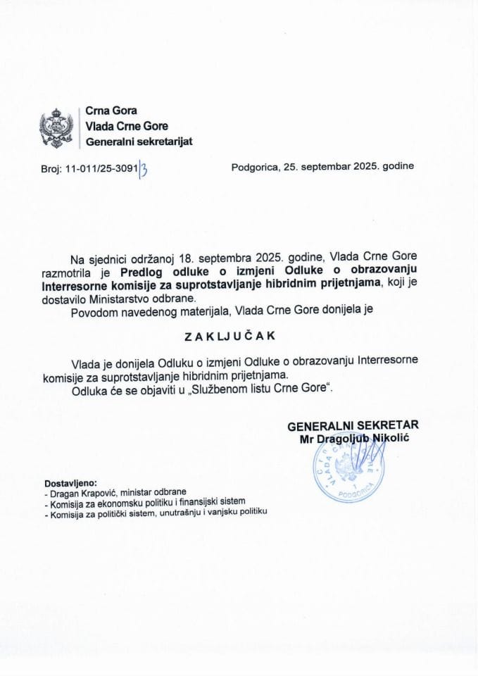 Предлог одлуке о измјени Одлуке о образовању Интерресорне комисије за супротстављање хибридним пријетњама - Закључци