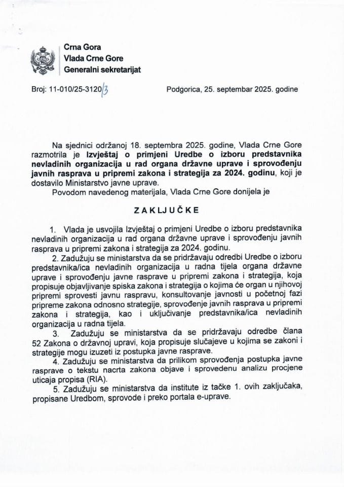 Извјештај о примјени Уредбе о избору представника/ца невладиних организација у радна тијела органа државне управе и спровођењу јавних расправа у припреми закона и стратегија за 2024. године - Закључци