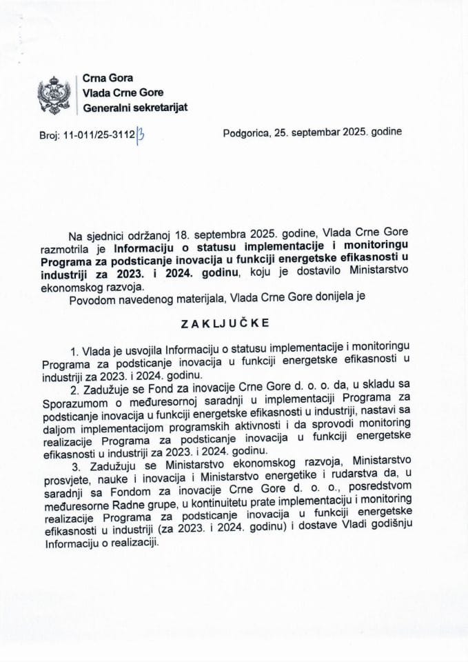 Informacija o statusu implementacije i monitoringu Programa za podsticanje inovacija u funkciji energetske efikasnosti u industriji za 2023. i 2024. godinu - Zaključci